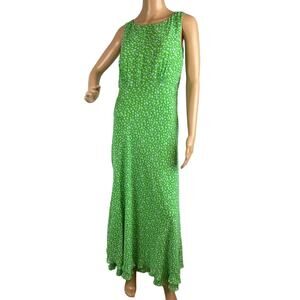 Cynthia Howie Silk Maxi Dress Kelly Green Gray Watercolor Dot SZ 8 Sophisticated